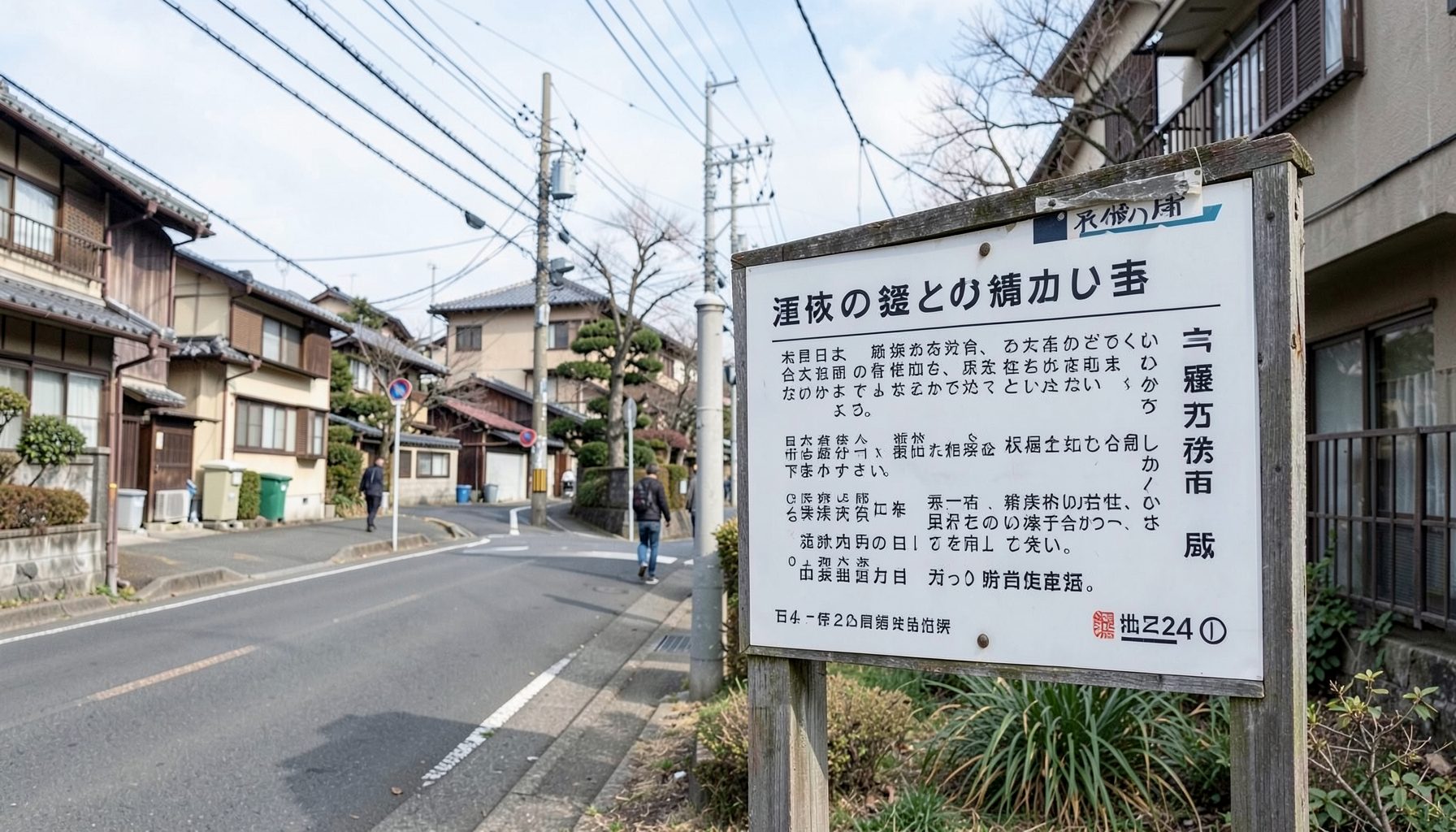 金沢の静かな住宅街と避難所を示す案内板、落ち着いた昼下がりの風景