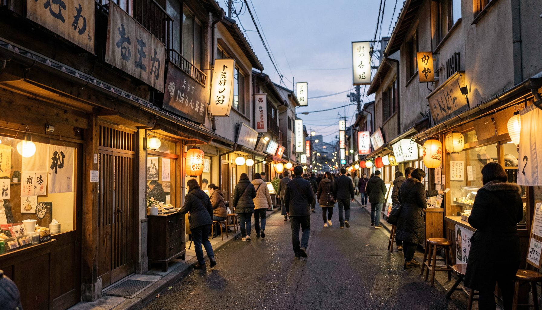 金沢の飲食店が並ぶ通り、温かみのある照明と賑わいのある夕景