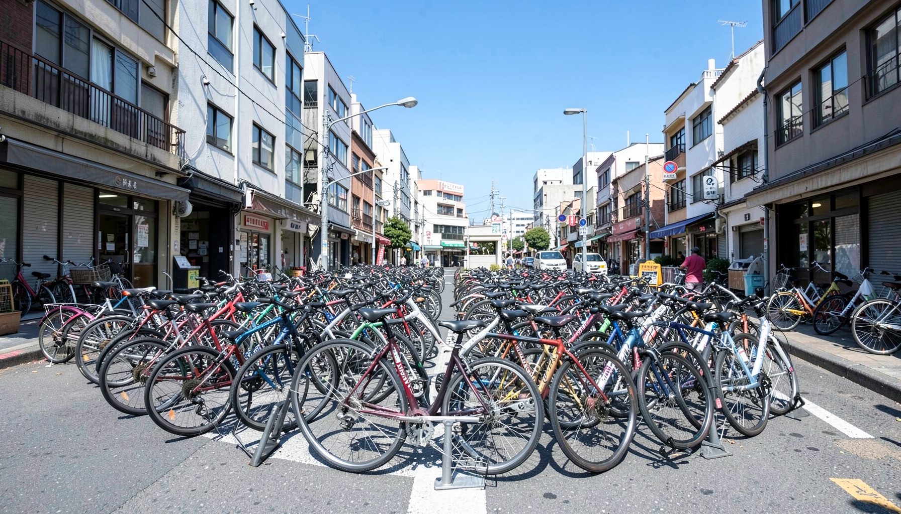 金沢の街中に設置されたレンタサイクルポート、整然と並ぶ自転車と青空