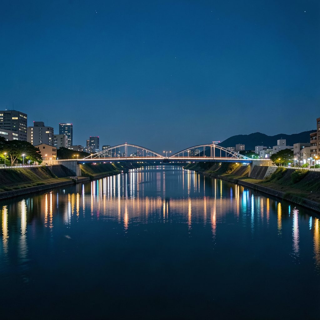Night cityscape with an illuminated arched bridge over a calm river reflecting lights, dark blue tones, tranquil evening